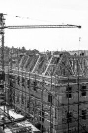 Schloss Bruchsal - Bildarchiv Artur Hassler - Blick vom Hauptbau auf den Kirchenflügel - Mai 1961 (Bildnachweis: Artur Hassler (1908-1976); mit freundlicher Überlassung von Dr. Michael Hassler, Bruchsal; Bild bearbeitet von Dr. Manfred Schneider)