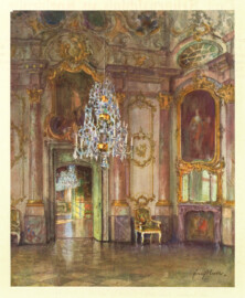Schloss Bruchsal - Blick nach Nordosten in den Marmorsaal, nach einem Aquarell von Franz Huth; aus: Landesverkehrsverband Baden: Badische Schlösser und Burgen zwischen Neckar und Schwarzwald, 1934; mit freundlicher Genehmigung zur Verfügung gestellt von Andreas Froncala, Berlin