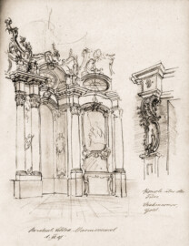 Schloss Bruchsal; Skizze zum  Marmorsaal; Ausschnitt eines Blattes eines Skizzenbuchs; Zeichner unbekannt; vermutlich 1909 erstellt; mit freundlicher Genehmigung zur Verfügung gestellt von Staatliche Schlösser und Gärten Baden-Württemberg