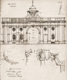 Schloss Bruchsal; Skizze zum  Torwachtgebäude; Ausschnitt eines Blattes eines Skizzenbuchs; Zeichner unbekannt; vermutlich 1909 erstellt; mit freundlicher Genehmigung zur Verfügung gestellt von Staatliche Schlösser und Gärten Baden-Württemberg