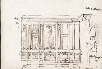 Schloss Bruchsal; Skizze zur Wand eines Appartements; Ausschnitt eines Blattes eines Skizzenbuchs; Zeichner unbekannt; Erstellungsdatum unklar, evtl. 1909; mit freundlicher Genehmigung zur Verfügung gestellt von Staatliche Schlösser und Gärten Baden-Württemberg