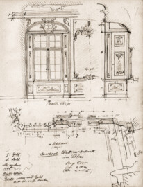 Schloss Bruchsal; Skizze zum Watteau-Kabinett; Ausschnitt eines Blattes eines Skizzenbuchs; Zeichner unbekannt; Erstellungsdatum unklar, evtl. 1909; mit freundlicher Genehmigung zur Verfügung gestellt von Staatliche Schlösser und Gärten Baden-Württemberg Schloss Bruchsal; Skizze zum Watteau-Kabinett; Ausschnitt eines Blattes eines Skizzenbuchs; Zeichner unbekannt; Erstellungsdatum unklar, evtl. 1909; mit freundlicher Genehmigung zur Verfügung gestellt von Staatliche Schlösser und Gärten Baden-Württemberg