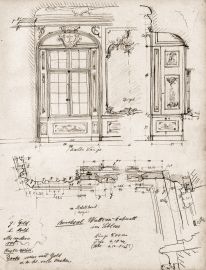 Schloss Bruchsal; Skizze zum Watteau-Kabinett; Ausschnitt eines Blattes eines Skizzenbuchs; Zeichner unbekannt; Erstellungsdatum unklar, evtl. 1909; mit freundlicher Genehmigung zur Verfügung gestellt von Staatliche Schlösser und Gärten Baden-Württemberg Schloss Bruchsal; Skizze zum Watteau-Kabinett; Ausschnitt eines Blattes eines Skizzenbuchs; Zeichner unbekannt; Erstellungsdatum unklar, evtl. 1909; mit freundlicher Genehmigung zur Verfügung gestellt von Staatliche Schlösser und Gärten Baden-Württemberg