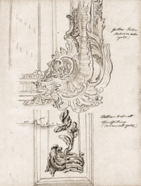 Schloss Bruchsal; Skizze zum  Watteau-Kabinett; Ausschnitt eines Blattes eines Skizzenbuchs; Zeichner unbekannt; Erstellungsdatum unklar, evtl. 1909; mit freundlicher Genehmigung zur Verfügung gestellt von Staatliche Schlösser und Gärten Baden-Württemberg