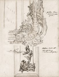 Schloss Bruchsal; Skizze zum Watteau-Kabinett; Ausschnitt eines Blattes eines Skizzenbuchs; Zeichner unbekannt; Erstellungsdatum unklar, evtl. 1909; mit freundlicher Genehmigung zur Verfügung gestellt von Staatliche Schlösser und Gärten Baden-Württemberg Schloss Bruchsal; Skizze zum Watteau-Kabinett; Ausschnitt eines Blattes eines Skizzenbuchs; Zeichner unbekannt; Erstellungsdatum unklar, evtl. 1909; mit freundlicher Genehmigung zur Verfügung gestellt von Staatliche Schlösser und Gärten Baden-Württemberg
