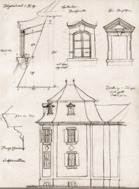 Eremitage Waghäusel; Skizze zum Hauptbau; Ausschnitt eines Blattes eines Skizzenbuchs; Zeichner unbekannt; Erstellungsdatum unklar, evtl. 1909; mit freundlicher Genehmigung zur Verfügung gestellt von Staatliche Schlösser und Gärten Baden-Württemberg