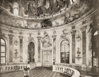 Schloss Bruchsal - Der Treppenhaussaal - (Tafel VI der Mappe "Dr. Edmund Renard: Die Schlösser zu Würzburg ud Bruchsal - in: Die Baukunst - Heft 1-7", herausgegeben von R. Borrmann und R. Graul, Verlag W. Spemann Berlin/Stuttgart, ohne Jahresangabe)