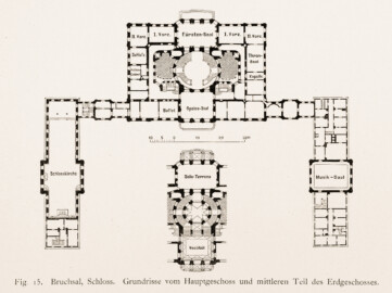 Schloss Bruchsal - Figur 15. Grundrisse vom Hauptgeschoss und mittleren Teil des Erdgeschosses - (Ausschnitt aus Seite 14 der Mappe "Dr. Edmund Renard: Die Schlösser zu Würzburg ud Bruchsal - in: Die Baukunst - Heft 1-7", herausgegeben von R. Borrmann und R. Graul, Verlag W. Spemann Berlin/Stuttgart, ohne Jahresangabe) Schloss Bruchsal - Figur 15. Grundrisse vom Hauptgeschoss und mittleren Teil des Erdgeschosses - (Ausschnitt aus Seite 14 der Mappe "Dr. Edmund Renard: Die Schlösser zu Würzburg ud Bruchsal - in: Die Baukunst - Heft 1-7", herausgegeben von R. Borrmann und R. Graul, Verlag W. Spemann Berlin/Stuttgart, ohne Jahresangabe)