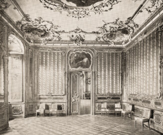 Schloss Bruchsal - Figur 20. Der "gelbe" Salon - (Ausschnitt aus Seite 18 der Mappe "Dr. Edmund Renard: Die Schlösser zu Würzburg ud Bruchsal - in: Die Baukunst - Heft 1-7", herausgegeben von R. Borrmann und R. Graul, Verlag W. Spemann Berlin/Stuttgart, ohne Jahresangabe)