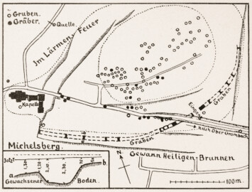 Schloss Bruchsal - Plan zu den Grabungen im Steinzeitdorf auf dem Michelsberg / Emil Wahle: Das Steinzeitdorf auf dem Michelsberg, S. 24–29 (Ausschnitt aus Seite 26 der Badischen Heimat, Heft 1-3, 9. Jahrgang, 1922, Herausgeber Prof. Dr. Max Wingenroth, Verlag G. Braun'sche Hofbuchdruckerei, Karlsruhe)