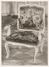 Schloss Bruchsal - Rococosessel mit Savonneriebezug im Bruchsaler Schloß / Hans Rott: Die Gobelins des Bruchsaler Schlosses, S. 65–84 (Ausschnitt aus Seite 65 der Badischen Heimat, Heft 1-3, 9. Jahrgang, 1922, Herausgeber Prof. Dr. Max Wingenroth, Verlag G. Braun'sche Hofbuchdruckerei, Karlsruhe)