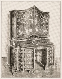 Schloss Bruchsal - Schreibschrank mit reicher Intarsia - Um 1750, Schloß Bruchsal (Photo Ohler) / August Richard Maier: Zwei Prachtschränke im Bruchsaler Schloß, S. 85–93 - (Ausschnitt aus Seite 89 der Badischen Heimat, Heft 1-3, 9. Jahrgang, 1922, Herausgeber Prof. Dr. Max Wingenroth, Verlag G. Braun'sche Hofbuchdruckerei, Karlsruhe)