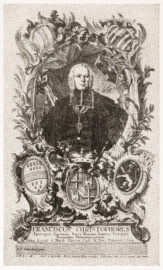 Schloss Bruchsal - Porträt Franz Christophs von Hutten - Stich nach G.B. Götz nach L.J. Schweickart) / Michael Schmitt: Die städtischen Sammlungen in Bruchsal, S. 101–105 - (Ausschnitt aus Seite 103 der Badischen Heimat, Heft 1-3, 9. Jahrgang, 1922, Herausgeber Prof. Dr. Max Wingenroth, Verlag G. Braun'sche Hofbuchdruckerei, Karlsruhe)