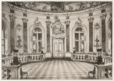 Schloss Bruchsal - Kuppelsaal - Auszug aus Seite 10 des Führers "Otto Recher: Das Schloß in Bruchsal", mit Aufnahmen von Carl Ohler, ohne Jahresangabe, vermutlich 1930; Reproduktion durch Dr. Manfred Schneider, Nußloch