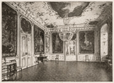 Schloss Bruchsal - Jagdzimmer - Auszug aus Seite 22 des Führers "Otto Recher: Das Schloß in Bruchsal", mit Aufnahmen von Carl Ohler, ohne Jahresangabe, vermutlich 1930; Reproduktion durch Dr. Manfred Schneider, Nußloch
