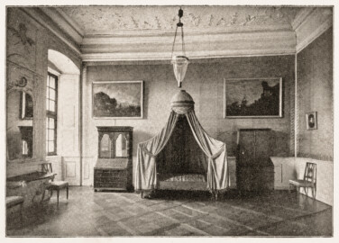 Schloss Bruchsal - Schlafzimmer der Markgräfin Amalie - Auszug aus Seite 26 des Führers "Otto Recher: Das Schloß in Bruchsal", mit Aufnahmen von Carl Ohler, ohne Jahresangabe, vermutlich 1930; Reproduktion durch Dr. Manfred Schneider, Nußloch