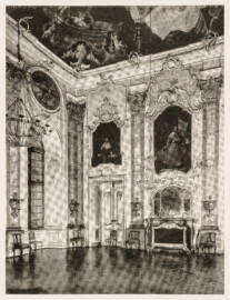 Schloss Bruchsal - Fürstensaal - Auszug aus dem "Führer zu großen Baudenkmälern, Heft 38, Schloss Bruchsal, Deutscher Kunstverlag, Berlin, 1944"; Reproduktion durch Dr. Manfred Schneider, Nußloch