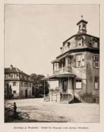 Waghäusel - Eremitage - Eremitage zu Waghäusel. Ansicht des Eingangs - Seite 29 des Buches von Rudolf Tillessen über die Eremitage Waghäusel (Bildnachweis: Rudolf Tillessen: Die Eremitage zu Waghäusel. Ein Beitrag zur Geschichte der Eremitage – 1909; Reproduktion durch Dr. Manfred Schneider)