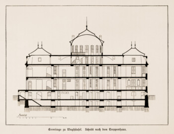 Waghäusel - Eremitage - Eremitage zu Waghäusel. Schnitt nach dem Treppenhaus - Seite 41 des Buches von Rudolf Tillessen über die Eremitage Waghäusel (Bildnachweis: Rudolf Tillessen: Die Eremitage zu Waghäusel. Ein Beitrag zur Geschichte der Eremitage – 1909; Reproduktion durch Dr. Manfred Schneider) Waghäusel - Eremitage - Eremitage zu Waghäusel. Schnitt nach dem Treppenhaus - Seite 41 des Buches von Rudolf Tillessen über die Eremitage Waghäusel (Bildnachweis: Rudolf Tillessen: Die Eremitage zu Waghäusel. Ein Beitrag zur Geschichte der Eremitage – 1909; Reproduktion durch Dr. Manfred Schneider)
