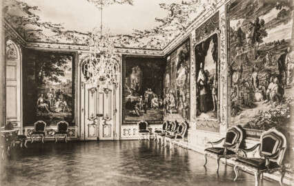 Schloss Bruchsal - Thronsaal, Tapisserien "Berühmte Männer nach Plutarch", Porträt von Franz Christoph von Hutten zum Stolzenberg - (Aufnahme und Abzug von Carl Ohler, undatiert; entnommen einem privaten Album des Fotografen; Album mit freundlicher Genehmigung zur Verfügung gestellt von Frau Margarethe Ohler-Grabenstein; Reproduktion durch Dr. Manfred Schneider, November 2021)