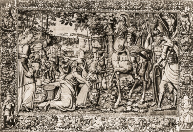 Schloss Bruchsal - Arbeitszimmer, Tapisserie „Abigail vor David“ - (Aufnahme und Abzug von Carl Ohler, undatiert; entnommen einem privaten Album des Fotografen; Album mit freundlicher Genehmigung zur Verfügung gestellt von Frau Margarethe Ohler-Grabenstein; Reproduktion durch Dr. Manfred Schneider, November 2021)