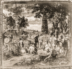 Schloss Bruchsal - Thronsaal, Tapisserienfolge "Berühmte Männer nach Plutarch", Tapisserie „Aristides opfert den Manen“ - (Aufnahme und Abzug von Carl Ohler, undatiert; entnommen einem privaten Album des Fotografen; Album mit freundlicher Genehmigung zur Verfügung gestellt von Frau Margarethe Ohler-Grabenstein; Reproduktion durch Dr. Manfred Schneider, November 2021)