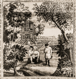 Schloss Bruchsal - Tapisserienfolge "Bäuerliche Szenen", Tapisserie „Bäuerliches Liebespaar“ - (Aufnahme und Abzug von Carl Ohler, undatiert; entnommen einem privaten Album des Fotografen; Album mit freundlicher Genehmigung zur Verfügung gestellt von Frau Margarethe Ohler-Grabenstein; Reproduktion durch Dr. Manfred Schneider, November 2021)