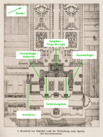 Schloss Bruchsal - Modifizierter Grundriß des Schlosses nach der Vollendung unter Hutten - (Bad. Generallandesarchiv; Bildnachweis: Seite 11 des Buchs: "Anton Wetterer: Das Bruchsaler Schloß - Seine Baugeschichte und seine Kunst - Zur Zweihundertjahrfeier der Grundsteinlegung - 1922 herausgegeben - Zweite verbesserte Auflage, 1927 - Verlag C.F. Müller, Karlsruhe i.B."; Reproduktion durch Dr. Manfred Schneider, November 2021)
