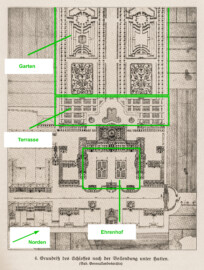 Schloss Bruchsal - Modifizierter Grundriß des Schlosses nach der Vollendung unter Hutten - (Bad. Generallandesarchiv; Bildnachweis: Seite 11 des Buchs: "Anton Wetterer: Das Bruchsaler Schloß - Seine Baugeschichte und seine Kunst - Zur Zweihundertjahrfeier der Grundsteinlegung - 1922 herausgegeben - Zweite verbesserte Auflage, 1927 - Verlag C.F. Müller, Karlsruhe i.B."; Reproduktion durch Dr. Manfred Schneider, November 2021)