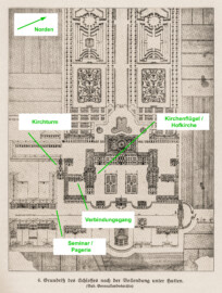 Schloss Bruchsal - Modifizierter Grundriß des Schlosses nach der Vollendung unter Hutten - (Bad. Generallandesarchiv; Bildnachweis: Seite 11 des Buchs: "Anton Wetterer: Das Bruchsaler Schloß - Seine Baugeschichte und seine Kunst - Zur Zweihundertjahrfeier der Grundsteinlegung - 1922 herausgegeben - Zweite verbesserte Auflage, 1927 - Verlag C.F. Müller, Karlsruhe i.B."; Reproduktion durch Dr. Manfred Schneider, November 2021) Schloss Bruchsal - Modifizierter Grundriß des Schlosses nach der Vollendung unter Hutten - (Bad. Generallandesarchiv; Bildnachweis: Seite 11 des Buchs: "Anton Wetterer: Das Bruchsaler Schloß - Seine Baugeschichte und seine Kunst - Zur Zweihundertjahrfeier der Grundsteinlegung - 1922 herausgegeben - Zweite verbesserte Auflage, 1927 - Verlag C.F. Müller, Karlsruhe i.B."; Reproduktion durch Dr. Manfred Schneider, November 2021)