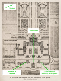 Schloss Bruchsal - Modifizierter Grundriß des Schlosses nach der Vollendung unter Hutten - (Bad. Generallandesarchiv; Bildnachweis: Seite 11 des Buchs: "Anton Wetterer: Das Bruchsaler Schloß - Seine Baugeschichte und seine Kunst - Zur Zweihundertjahrfeier der Grundsteinlegung - 1922 herausgegeben - Zweite verbesserte Auflage, 1927 - Verlag C.F. Müller, Karlsruhe i.B."; Reproduktion durch Dr. Manfred Schneider, November 2021) Schloss Bruchsal - Modifizierter Grundriß des Schlosses nach der Vollendung unter Hutten - (Bad. Generallandesarchiv; Bildnachweis: Seite 11 des Buchs: "Anton Wetterer: Das Bruchsaler Schloß - Seine Baugeschichte und seine Kunst - Zur Zweihundertjahrfeier der Grundsteinlegung - 1922 herausgegeben - Zweite verbesserte Auflage, 1927 - Verlag C.F. Müller, Karlsruhe i.B."; Reproduktion durch Dr. Manfred Schneider, November 2021)