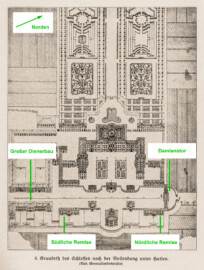 Schloss Bruchsal - Modifizierter Grundriß des Schlosses nach der Vollendung unter Hutten - (Bad. Generallandesarchiv; Bildnachweis: Seite 11 des Buchs: "Anton Wetterer: Das Bruchsaler Schloß - Seine Baugeschichte und seine Kunst - Zur Zweihundertjahrfeier der Grundsteinlegung - 1922 herausgegeben - Zweite verbesserte Auflage, 1927 - Verlag C.F. Müller, Karlsruhe i.B."; Reproduktion durch Dr. Manfred Schneider, November 2021) Schloss Bruchsal - Modifizierter Grundriß des Schlosses nach der Vollendung unter Hutten - (Bad. Generallandesarchiv; Bildnachweis: Seite 11 des Buchs: "Anton Wetterer: Das Bruchsaler Schloß - Seine Baugeschichte und seine Kunst - Zur Zweihundertjahrfeier der Grundsteinlegung - 1922 herausgegeben - Zweite verbesserte Auflage, 1927 - Verlag C.F. Müller, Karlsruhe i.B."; Reproduktion durch Dr. Manfred Schneider, November 2021)