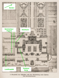 Schloss Bruchsal - Modifizierter Grundriß des Schlosses nach der Vollendung unter Hutten - (Bad. Generallandesarchiv; Bildnachweis: Seite 11 des Buchs: "Anton Wetterer: Das Bruchsaler Schloß - Seine Baugeschichte und seine Kunst - Zur Zweihundertjahrfeier der Grundsteinlegung - 1922 herausgegeben - Zweite verbesserte Auflage, 1927 - Verlag C.F. Müller, Karlsruhe i.B."; Reproduktion durch Dr. Manfred Schneider, November 2021) Schloss Bruchsal - Modifizierter Grundriß des Schlosses nach der Vollendung unter Hutten - (Bad. Generallandesarchiv; Bildnachweis: Seite 11 des Buchs: "Anton Wetterer: Das Bruchsaler Schloß - Seine Baugeschichte und seine Kunst - Zur Zweihundertjahrfeier der Grundsteinlegung - 1922 herausgegeben - Zweite verbesserte Auflage, 1927 - Verlag C.F. Müller, Karlsruhe i.B."; Reproduktion durch Dr. Manfred Schneider, November 2021)