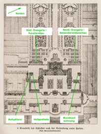 Schloss Bruchsal - Modifizierter Grundriß des Schlosses nach der Vollendung unter Hutten - (Bad. Generallandesarchiv; Bildnachweis: Seite 11 des Buchs: "Anton Wetterer: Das Bruchsaler Schloß - Seine Baugeschichte und seine Kunst - Zur Zweihundertjahrfeier der Grundsteinlegung - 1922 herausgegeben - Zweite verbesserte Auflage, 1927 - Verlag C.F. Müller, Karlsruhe i.B."; Reproduktion durch Dr. Manfred Schneider, November 2021)