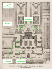 Schloss Bruchsal - Modifizierter Grundriß des Schlosses nach der Vollendung unter Hutten - (Bad. Generallandesarchiv; Bildnachweis: Seite 11 des Buchs: "Anton Wetterer: Das Bruchsaler Schloß - Seine Baugeschichte und seine Kunst - Zur Zweihundertjahrfeier der Grundsteinlegung - 1922 herausgegeben - Zweite verbesserte Auflage, 1927 - Verlag C.F. Müller, Karlsruhe i.B."; Reproduktion durch Dr. Manfred Schneider, November 2021) Schloss Bruchsal - Modifizierter Grundriß des Schlosses nach der Vollendung unter Hutten - (Bad. Generallandesarchiv; Bildnachweis: Seite 11 des Buchs: "Anton Wetterer: Das Bruchsaler Schloß - Seine Baugeschichte und seine Kunst - Zur Zweihundertjahrfeier der Grundsteinlegung - 1922 herausgegeben - Zweite verbesserte Auflage, 1927 - Verlag C.F. Müller, Karlsruhe i.B."; Reproduktion durch Dr. Manfred Schneider, November 2021)