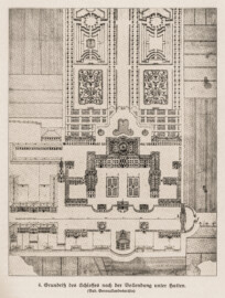 Schloss Bruchsal - Grundriß des Schlosses nach der Vollendung unter Hutten - (Bad. Generallandesarchiv; Bildnachweis: Seite 11 des Buchs: "Anton Wetterer: Das Bruchsaler Schloß - Seine Baugeschichte und seine Kunst - Zur Zweihundertjahrfeier der Grundsteinlegung - 1922 herausgegeben - Zweite verbesserte Auflage, 1927 - Verlag C.F. Müller, Karlsruhe i.B."; Reproduktion durch Dr. Manfred Schneider, November 2021) Schloss Bruchsal - Grundriß des Schlosses nach der Vollendung unter Hutten - (Bad. Generallandesarchiv; Bildnachweis: Seite 11 des Buchs: "Anton Wetterer: Das Bruchsaler Schloß - Seine Baugeschichte und seine Kunst - Zur Zweihundertjahrfeier der Grundsteinlegung - 1922 herausgegeben - Zweite verbesserte Auflage, 1927 - Verlag C.F. Müller, Karlsruhe i.B."; Reproduktion durch Dr. Manfred Schneider, November 2021)