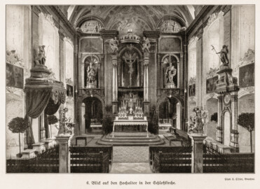 Schloss Bruchsal - Blick auf den Hochaltar in der Schloßkirche - (Fotograf: Carl Ohler, Bruchsal; Bildnachweis: Seite 15 des Buchs: "Anton Wetterer: Das Bruchsaler Schloß - Seine Baugeschichte und seine Kunst - Zur Zweihundertjahrfeier der Grundsteinlegung - 1922 herausgegeben - Zweite verbesserte Auflage, 1927 - Verlag C.F. Müller, Karlsruhe i.B."; Reproduktion durch Dr. Manfred Schneider, November 2021)