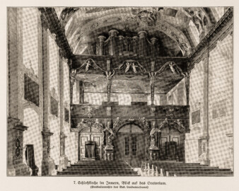 Schloss Bruchsal - Schloßkirche im Innern, Blick auf das Oratorium - (Denkmälerarchiv des Bad. Landesmuseums; Bildnachweis: Seite 19 des Buchs: "Anton Wetterer: Das Bruchsaler Schloß - Seine Baugeschichte und seine Kunst - Zur Zweihundertjahrfeier der Grundsteinlegung - 1922 herausgegeben - Zweite verbesserte Auflage, 1927 - Verlag C.F. Müller, Karlsruhe i.B."; Reproduktion durch Dr. Manfred Schneider, November 2021) Schloss Bruchsal - Schloßkirche im Innern, Blick auf das Oratorium - (Denkmälerarchiv des Bad. Landesmuseums; Bildnachweis: Seite 19 des Buchs: "Anton Wetterer: Das Bruchsaler Schloß - Seine Baugeschichte und seine Kunst - Zur Zweihundertjahrfeier der Grundsteinlegung - 1922 herausgegeben - Zweite verbesserte Auflage, 1927 - Verlag C.F. Müller, Karlsruhe i.B."; Reproduktion durch Dr. Manfred Schneider, November 2021)