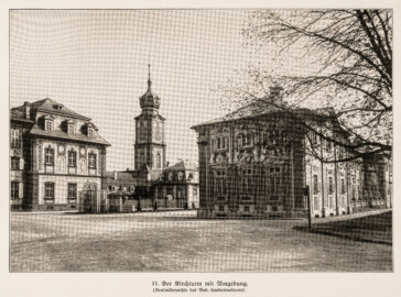 Schloss Bruchsal - Der Kirchturm mit Umgebung - (Denkmälerarchiv des Bad. Landesmuseums; Bildnachweis: Seite 31 des Buchs: "Anton Wetterer: Das Bruchsaler Schloß - Seine Baugeschichte und seine Kunst - Zur Zweihundertjahrfeier der Grundsteinlegung - 1922 herausgegeben - Zweite verbesserte Auflage, 1927 - Verlag C.F. Müller, Karlsruhe i.B."; Reproduktion durch Dr. Manfred Schneider, November 2021)