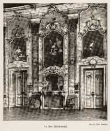 Schloss Bruchsal - Der Fürstensaal - (Fotograf: Carl Ohler, Bruchsal; Bildnachweis: Seite 37 des Buchs: "Anton Wetterer: Das Bruchsaler Schloß - Seine Baugeschichte und seine Kunst - Zur Zweihundertjahrfeier der Grundsteinlegung - 1922 herausgegeben - Zweite verbesserte Auflage, 1927 - Verlag C.F. Müller, Karlsruhe i.B."; Reproduktion durch Dr. Manfred Schneider, November 2021) Schloss Bruchsal - Der Fürstensaal - (Fotograf: Carl Ohler, Bruchsal; Bildnachweis: Seite 37 des Buchs: "Anton Wetterer: Das Bruchsaler Schloß - Seine Baugeschichte und seine Kunst - Zur Zweihundertjahrfeier der Grundsteinlegung - 1922 herausgegeben - Zweite verbesserte Auflage, 1927 - Verlag C.F. Müller, Karlsruhe i.B."; Reproduktion durch Dr. Manfred Schneider, November 2021)