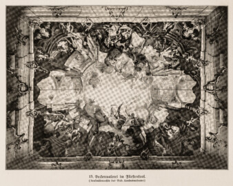 Schloss Bruchsal - Deckenmalerei im Fürstensaal - (Denkmälerarchiv des Bad. Landesmuseums; Bildnachweis: Seite 39 des Buchs: "Anton Wetterer: Das Bruchsaler Schloß - Seine Baugeschichte und seine Kunst - Zur Zweihundertjahrfeier der Grundsteinlegung - 1922 herausgegeben - Zweite verbesserte Auflage, 1927 - Verlag C.F. Müller, Karlsruhe i.B."; Reproduktion durch Dr. Manfred Schneider, November 2021) Schloss Bruchsal - Deckenmalerei im Fürstensaal - (Denkmälerarchiv des Bad. Landesmuseums; Bildnachweis: Seite 39 des Buchs: "Anton Wetterer: Das Bruchsaler Schloß - Seine Baugeschichte und seine Kunst - Zur Zweihundertjahrfeier der Grundsteinlegung - 1922 herausgegeben - Zweite verbesserte Auflage, 1927 - Verlag C.F. Müller, Karlsruhe i.B."; Reproduktion durch Dr. Manfred Schneider, November 2021)