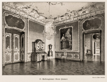 Schloss Bruchsal - Audienzzimmer (Rotes Zimmer) - (Fotograf: Carl Ohler, Bruchsal; Bildnachweis: Seite 51 des Buchs: "Anton Wetterer: Das Bruchsaler Schloß - Seine Baugeschichte und seine Kunst - Zur Zweihundertjahrfeier der Grundsteinlegung - 1922 herausgegeben - Zweite verbesserte Auflage, 1927 - Verlag C.F. Müller, Karlsruhe i.B."; Reproduktion durch Dr. Manfred Schneider, November 2021)