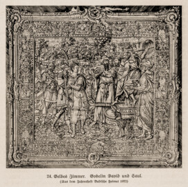 Schloss Bruchsal - Gelbes Zimmer. Gobelin (Tapisserie) David und Saul - (Jahresheft Badische Heimat 1922; Bildnachweis: Seite 59 des Buchs: "Anton Wetterer: Das Bruchsaler Schloß - Seine Baugeschichte und seine Kunst - Zur Zweihundertjahrfeier der Grundsteinlegung - 1922 herausgegeben - Zweite verbesserte Auflage, 1927 - Verlag C.F. Müller, Karlsruhe i.B."; Reproduktion durch Dr. Manfred Schneider, November 2021)