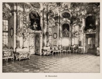 Schloss Bruchsal - Marmorsaal - (Bildnachweis: Seite 63 des Buchs: "Anton Wetterer: Das Bruchsaler Schloß - Seine Baugeschichte und seine Kunst - Zur Zweihundertjahrfeier der Grundsteinlegung - 1922 herausgegeben - Zweite verbesserte Auflage, 1927 - Verlag C.F. Müller, Karlsruhe i.B."; Reproduktion durch Dr. Manfred Schneider, November 2021) Schloss Bruchsal - Marmorsaal - (Bildnachweis: Seite 63 des Buchs: "Anton Wetterer: Das Bruchsaler Schloß - Seine Baugeschichte und seine Kunst - Zur Zweihundertjahrfeier der Grundsteinlegung - 1922 herausgegeben - Zweite verbesserte Auflage, 1927 - Verlag C.F. Müller, Karlsruhe i.B."; Reproduktion durch Dr. Manfred Schneider, November 2021)