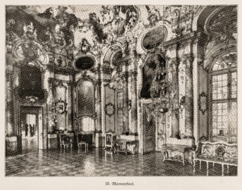 Schloss Bruchsal - Marmorsaal - (Bildnachweis: Seite 62 des Buchs: "Anton Wetterer: Das Bruchsaler Schloß - Seine Baugeschichte und seine Kunst - Zur Zweihundertjahrfeier der Grundsteinlegung - 1922 herausgegeben - Zweite verbesserte Auflage, 1927 - Verlag C.F. Müller, Karlsruhe i.B."; Reproduktion durch Dr. Manfred Schneider, November 2021)