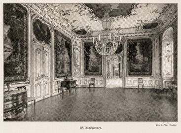 Schloss Bruchsal - Jagdzimmer - (Fotograf: Carl Ohler, Bruchsal; Bildnachweis: Seite 67 des Buchs: "Anton Wetterer: Das Bruchsaler Schloß - Seine Baugeschichte und seine Kunst - Zur Zweihundertjahrfeier der Grundsteinlegung - 1922 herausgegeben - Zweite verbesserte Auflage, 1927 - Verlag C.F. Müller, Karlsruhe i.B."; Reproduktion durch Dr. Manfred Schneider, November 2021) Schloss Bruchsal - Jagdzimmer - (Fotograf: Carl Ohler, Bruchsal; Bildnachweis: Seite 67 des Buchs: "Anton Wetterer: Das Bruchsaler Schloß - Seine Baugeschichte und seine Kunst - Zur Zweihundertjahrfeier der Grundsteinlegung - 1922 herausgegeben - Zweite verbesserte Auflage, 1927 - Verlag C.F. Müller, Karlsruhe i.B."; Reproduktion durch Dr. Manfred Schneider, November 2021)