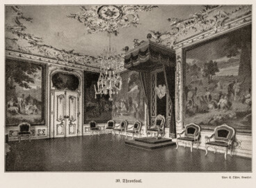 Schloss Bruchsal - Thronsaal - (Fotograf: Carl Ohler, Bruchsal; Bildnachweis: Seite 71 des Buchs: "Anton Wetterer: Das Bruchsaler Schloß - Seine Baugeschichte und seine Kunst - Zur Zweihundertjahrfeier der Grundsteinlegung - 1922 herausgegeben - Zweite verbesserte Auflage, 1927 - Verlag C.F. Müller, Karlsruhe i.B."; Reproduktion durch Dr. Manfred Schneider, November 2021)