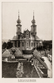 Schloss Bruchsal - Blick auf die St. Peterskirche - (Denkmälerarchiv des Bad. Landesmuseums; Bildnachweis: Seite 89 des Buchs: "Anton Wetterer: Das Bruchsaler Schloß - Seine Baugeschichte und seine Kunst - Zur Zweihundertjahrfeier der Grundsteinlegung - 1922 herausgegeben - Zweite verbesserte Auflage, 1927 - Verlag C.F. Müller, Karlsruhe i.B."; Reproduktion durch Dr. Manfred Schneider, November 2021) Schloss Bruchsal - Blick auf die St. Peterskirche - (Denkmälerarchiv des Bad. Landesmuseums; Bildnachweis: Seite 89 des Buchs: "Anton Wetterer: Das Bruchsaler Schloß - Seine Baugeschichte und seine Kunst - Zur Zweihundertjahrfeier der Grundsteinlegung - 1922 herausgegeben - Zweite verbesserte Auflage, 1927 - Verlag C.F. Müller, Karlsruhe i.B."; Reproduktion durch Dr. Manfred Schneider, November 2021)
