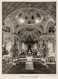 Schloss Bruchsal - Blick in die St. Peterskirche - (Fotograf: Carl Ohler, Bruchsal; Bildnachweis: Seite 91 des Buchs: "Anton Wetterer: Das Bruchsaler Schloß - Seine Baugeschichte und seine Kunst - Zur Zweihundertjahrfeier der Grundsteinlegung - 1922 herausgegeben - Zweite verbesserte Auflage, 1927 - Verlag C.F. Müller, Karlsruhe i.B."; Reproduktion durch Dr. Manfred Schneider, November 2021)