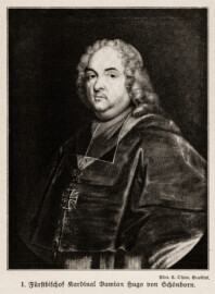 Schloss Bruchsal - Fürstbischof Kardinal Damian Hugo von Schönborn - (Fotograf: Carl Ohler, Bruchsal; Bildnachweis: Seite 5 des Buchs: "Anton Wetterer: Das Bruchsaler Schloß - Seine Baugeschichte und seine Kunst - Zur Zweihundertjahrfeier der Grundsteinlegung - 1922 herausgegeben - Zweite verbesserte Auflage, 1927 - Verlag C.F. Müller, Karlsruhe i.B."; Reproduktion durch Dr. Manfred Schneider, November 2021)